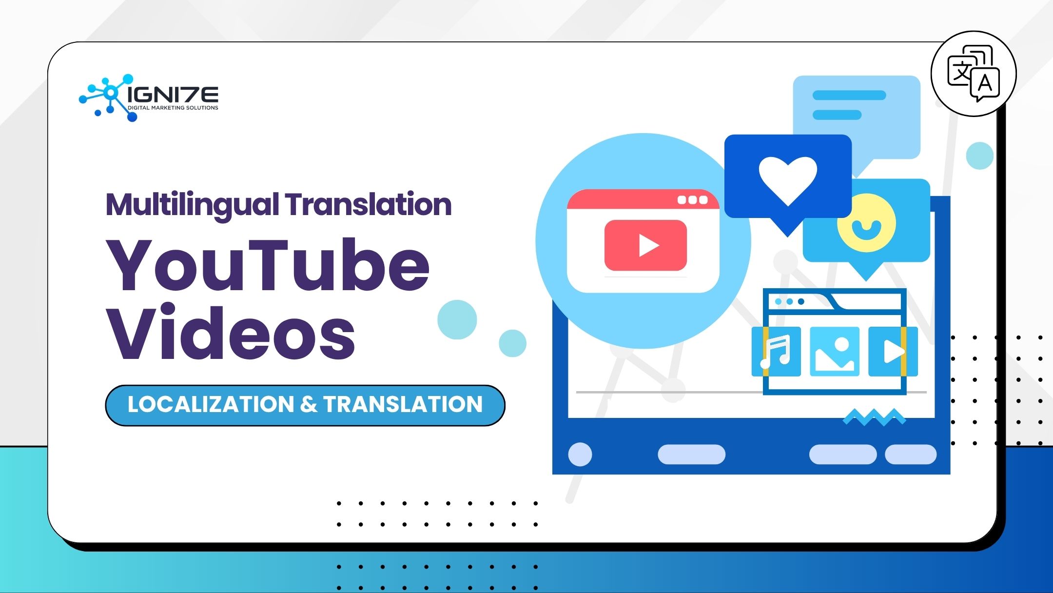 Promotional graphic for multilingual translation and localization of YouTube videos by Ignize Digital Marketing Solutions.