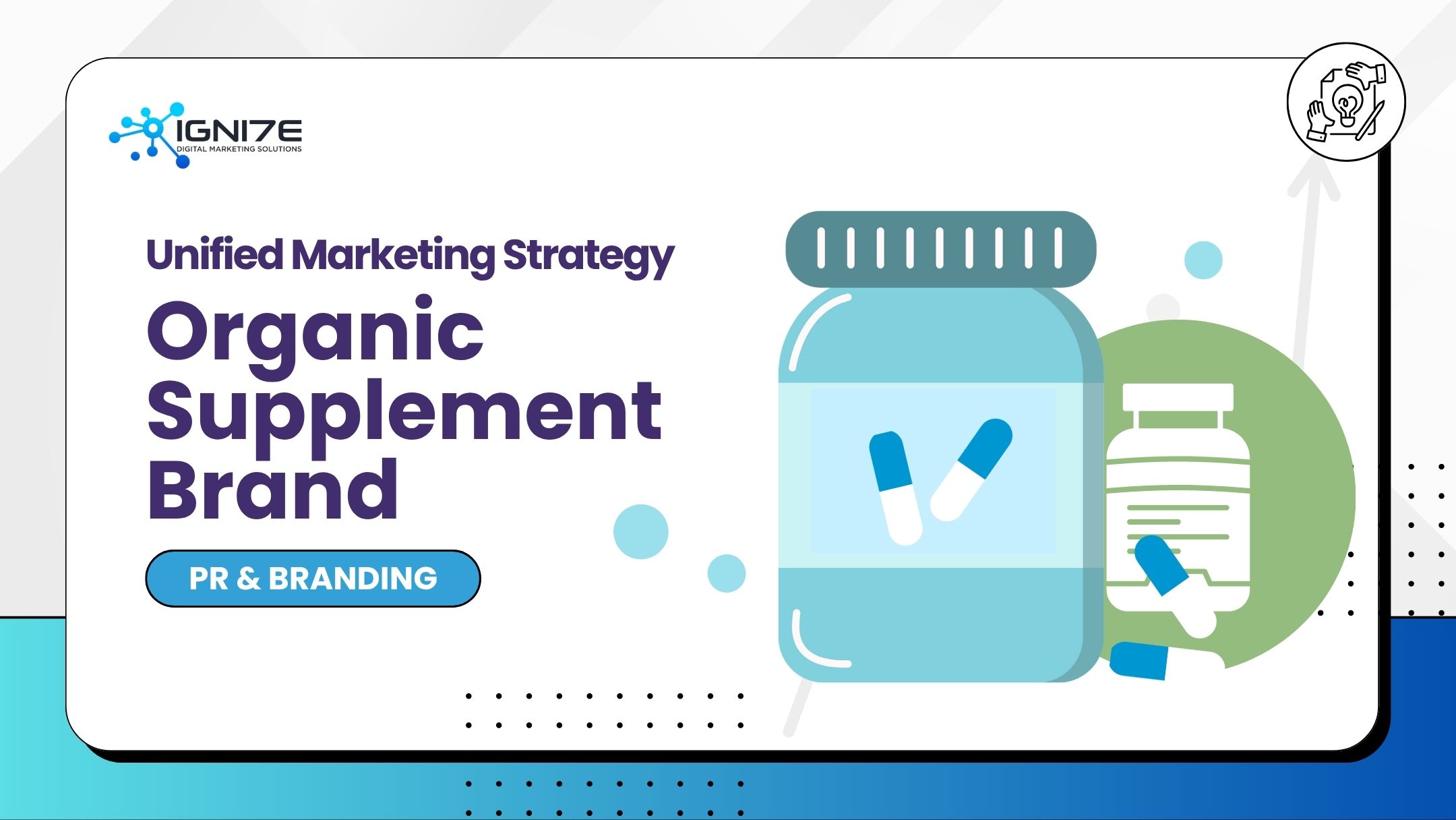 Graphic with a large blue supplement bottle containing two capsules and text reading 'Unified Marketing Strategy Organic Supplement Brand PR & Branding'.